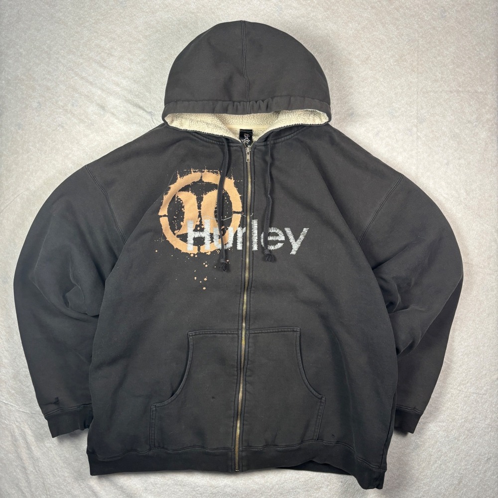 Black Hurley Sherpa-Lined Zip-Up Hoodie – XL